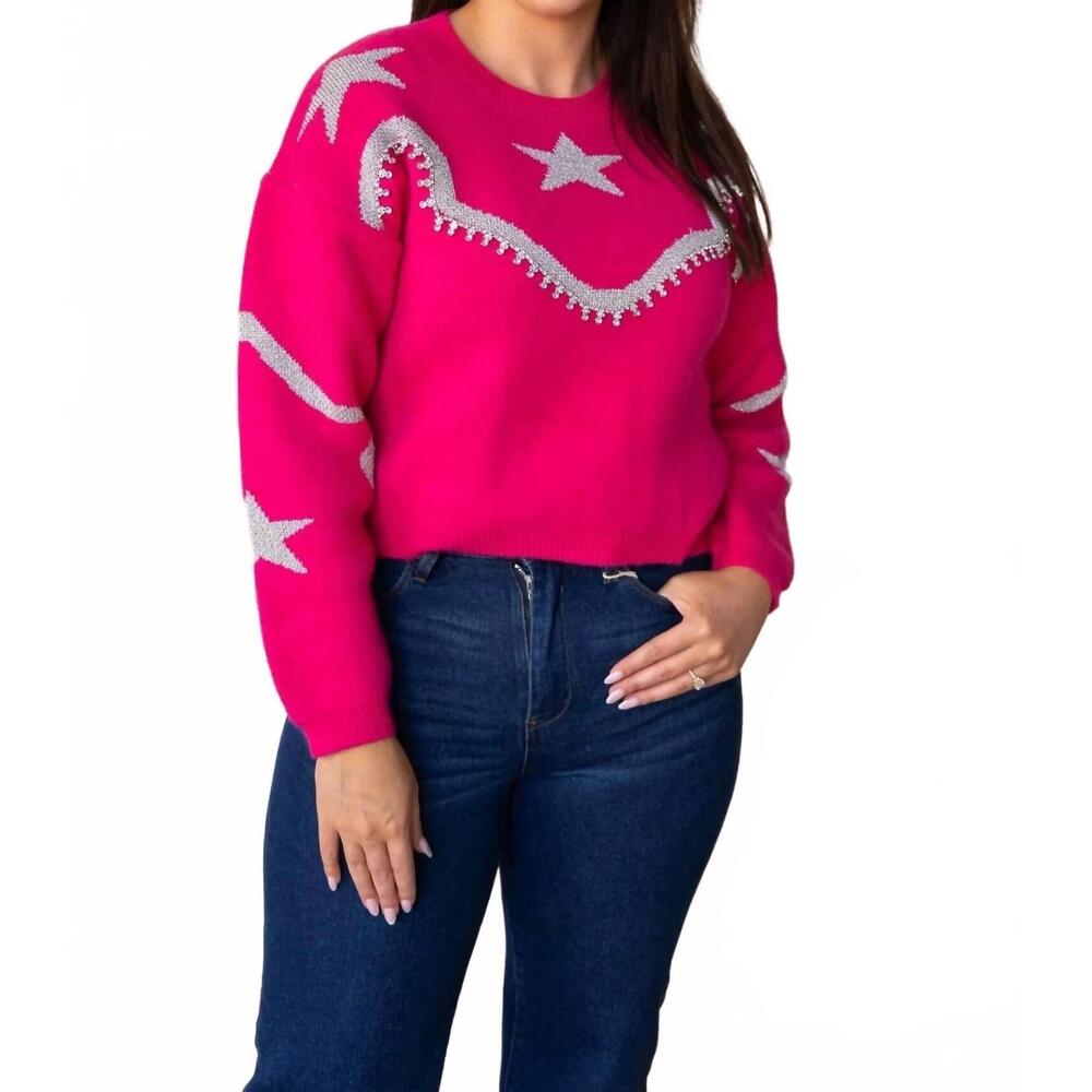 NEW SOUTHERN GRACE rhinestone wrangler sweater in hot pink